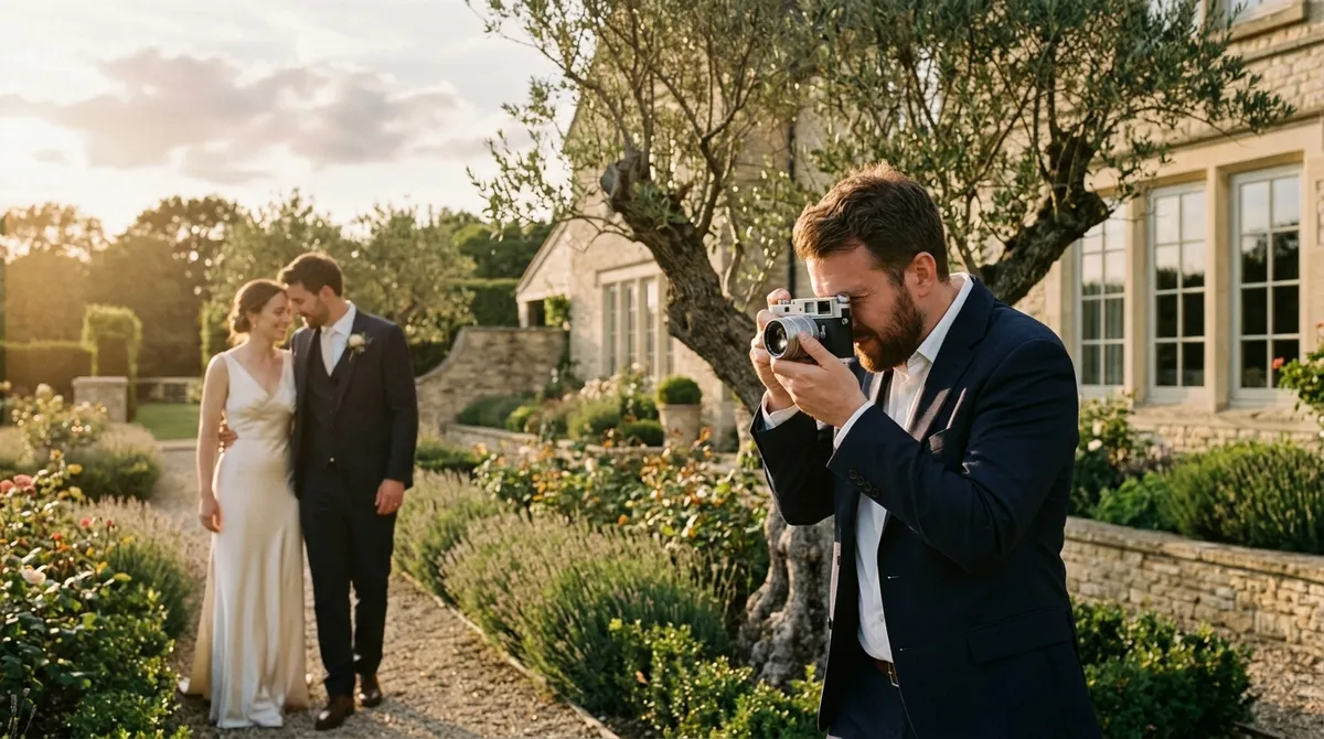 Photographe de mariage photographiant les mariés